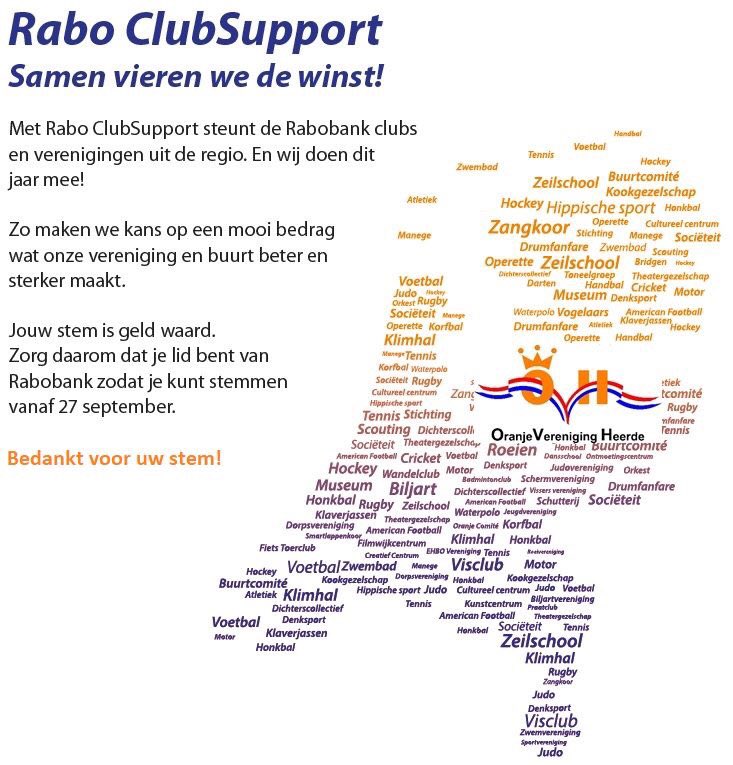 Wij doen mee met de actie Rabo ClubSupport! Help ons een activiteit op Koningsdag 2020 te financieren. Stem op ons!  
#RaboClubSupport #Samenvierenwedewinst #RabobankNoordVeluwe #OranjeVerenigingHeerde
Meer info op onze site: wp.me/P7bMF1-lG