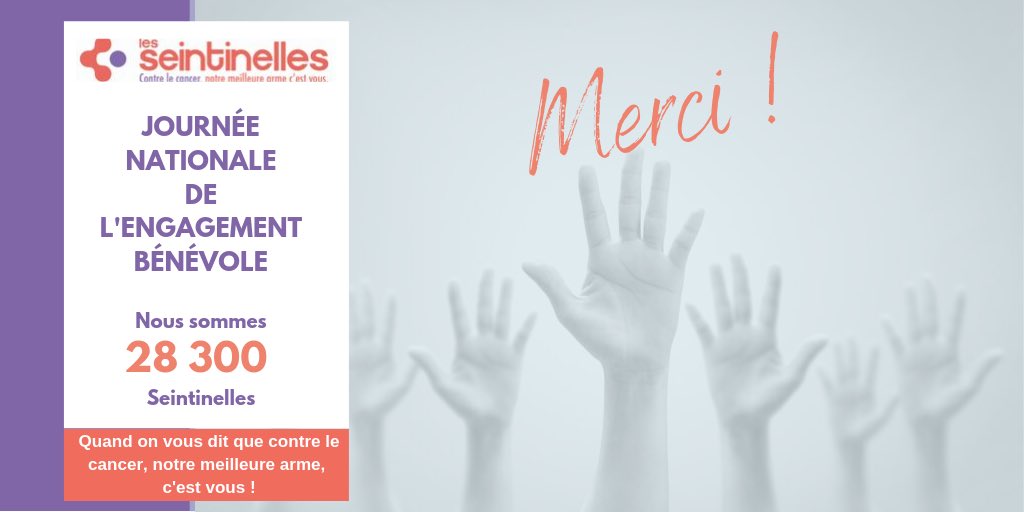 28300 Seintinelles= 28300 bénévoles qui ont levé la main pour se porter volontaire et ainsi ont généré ces 5 dernières années plus 30000 participations à 25 études. 
Journée de l’engagement bénévole + journée de la recherche sur le cancer = journée Seintinelles
Bonne fête à tous