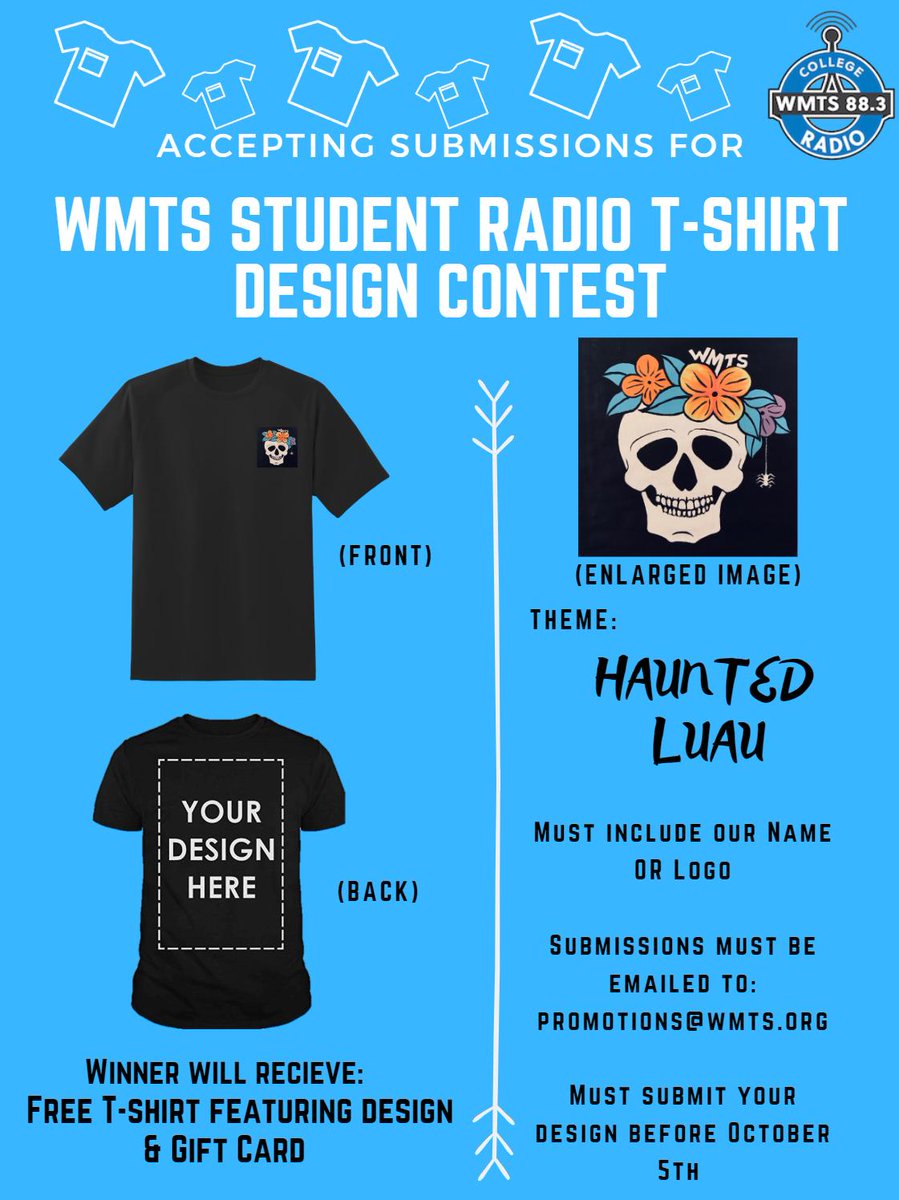 We are holding our first ever merch design competition in honor of our Spring Benefit Concert Coming up! The theme is "Haunted Luau". If you are artistically inclined or know someone who is please share this with them! (They don't even have to be affiliated with WMTS or MTSU)