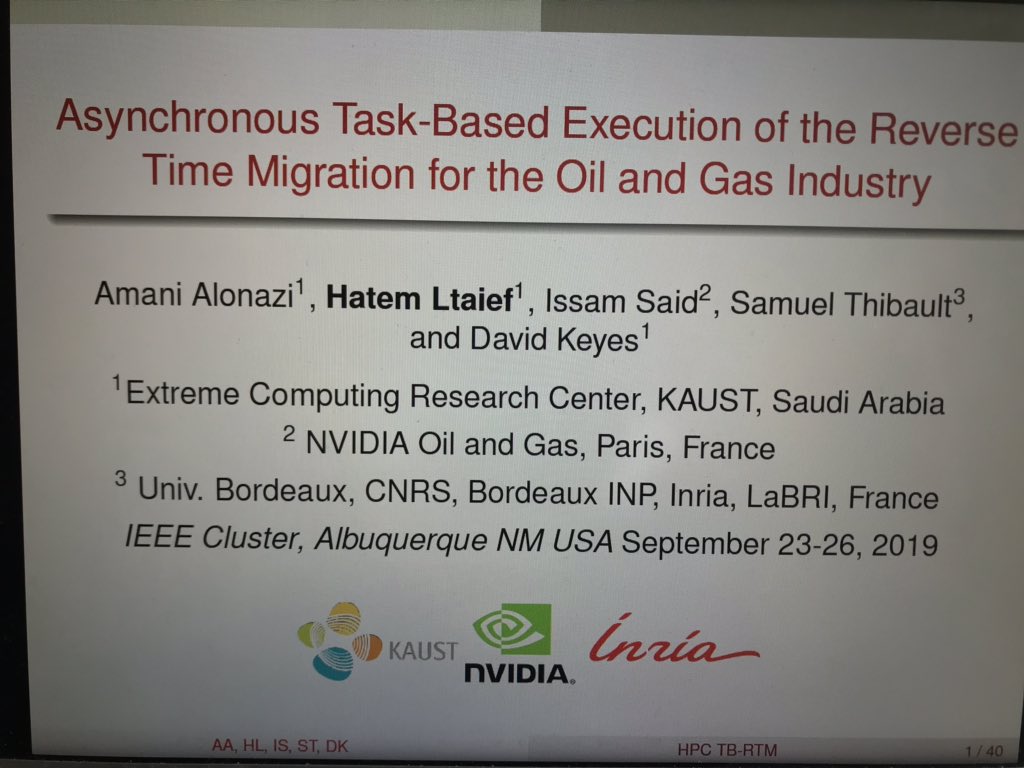 HatemLtaief's tweet photo. Leveraging the RTM performance with asynchronous, out-of-core, tasking #StarPU framework. Maximizing compute but also IO resources’ occupancy on #NVIDIA #GPU-based #Summit and #Tsubame. #HPC #cluster2019 @amani_hpc @issam_said @Inria_Bordeaux @KAUST_ECRC @geomark @ProfMatsuoka https://t.co/Z69HYKD8VM