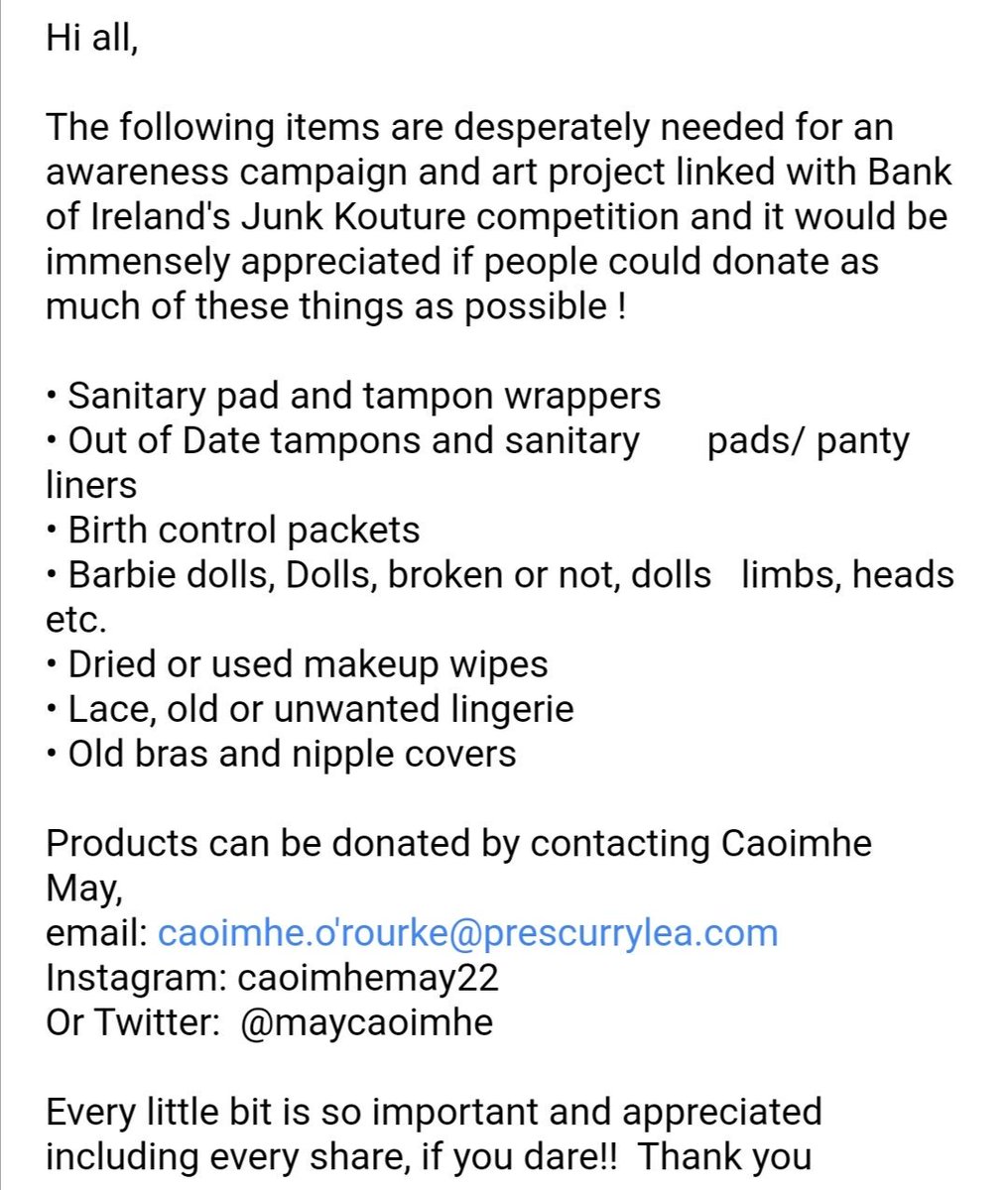 As part of my Junk Kouture project, I am designing a dress out of feminine sanitary products, and the following items are needed! Especially the first two items named! Please share :) #EndPeriodPoverty #sustainableperiods @bloodygood__
