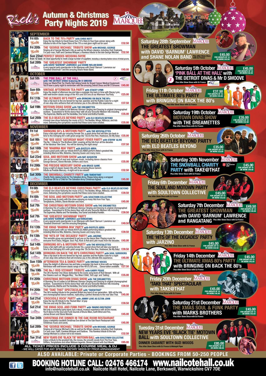 NailcoteHall's tweet photo. Don’t miss any of these great #partynights in #ricksbar and the #marquee at #nailcotehall this Autumn and #christmas - just call the Hall on 02476466174 to plan and book your #party at our party soon or click https://t.co/h3KYuHntQq to visit our #Events diary 💃🏻🕺 https://t.co/Ip6G8YSdwI