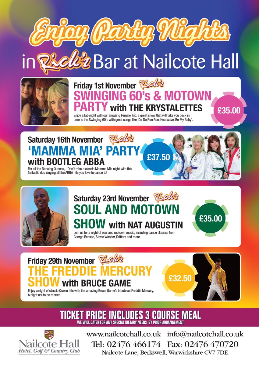 NailcoteHall's tweet photo. Don’t miss any of these great #partynights in #ricksbar and the #marquee at #nailcotehall this Autumn and #christmas - just call the Hall on 02476466174 to plan and book your #party at our party soon or click https://t.co/h3KYuHntQq to visit our #Events diary 💃🏻🕺 https://t.co/Ip6G8YSdwI