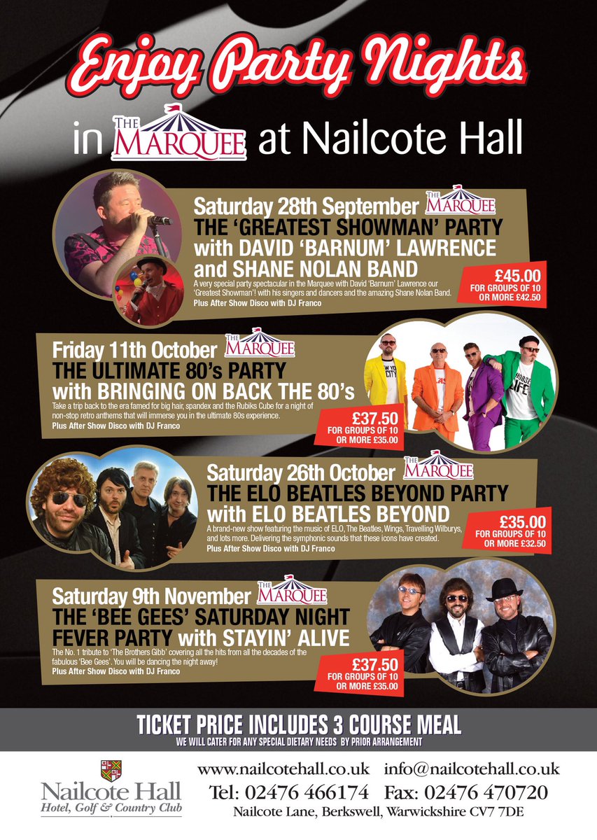 NailcoteHall's tweet photo. Don’t miss any of these great #partynights in #ricksbar and the #marquee at #nailcotehall this Autumn and #christmas - just call the Hall on 02476466174 to plan and book your #party at our party soon or click https://t.co/h3KYuHntQq to visit our #Events diary 💃🏻🕺 https://t.co/Ip6G8YSdwI