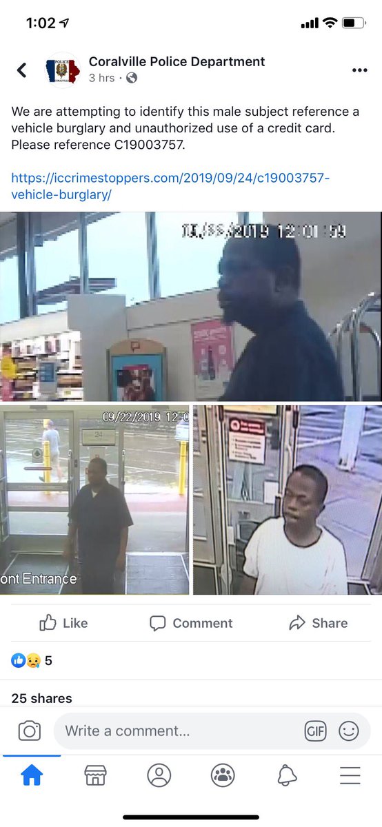 DerekMontross81's tweet image. This man broke into my wife’s car, stole her purse and spent over $2000. Please share and contact @CoralvillePD if you recognize this man. #iowa