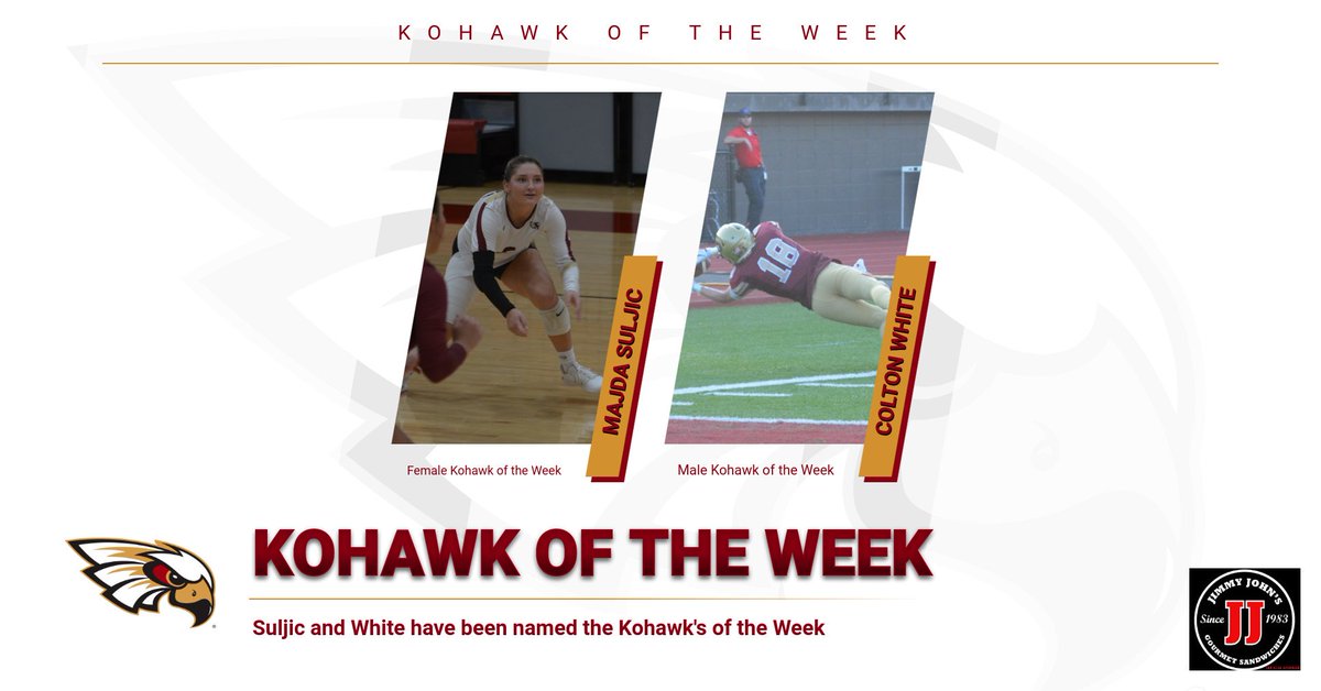 CoeAthletics's tweet photo. Majda Suljic and Colton White are your Kohawk's of the Week. Suljic averaged 20.8 digs in five games this week. White had ten receptions for 110 yards and a TD. Congratulations Majda and Colton!! #kohawknation https://t.co/zvaPChEAlw
