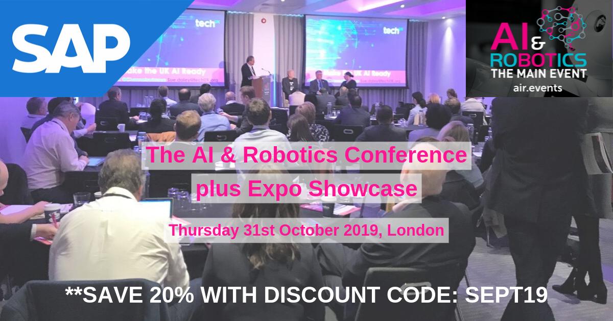 CXtechEvent's tweet image. Delighted to partner with @SAP
 for The #AI &amp;amp; #Robotics and CX Tech Conference &amp;amp; Expo, Thurs 31st Oct, London. We will be joined by 
@moritzzimmerman, Chief Technology Officer for SAP Customer Experience. Info &amp;amp; tickets at air.events. SAVE 20% with code Sept19 #CX