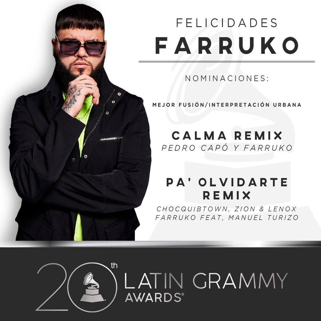 Felicidades 🎉👏🏼 <a href="/FarrukoOfficial/">.</a> por tus 2 nominaciones a los <a href="/LatinGRAMMYs/">The Latin Recording Academy / Latin GRAMMYs</a> 🏆🙏🏼 #CalmaRemix #PaOlvidarteRemix 🔥🔥🔥🔥