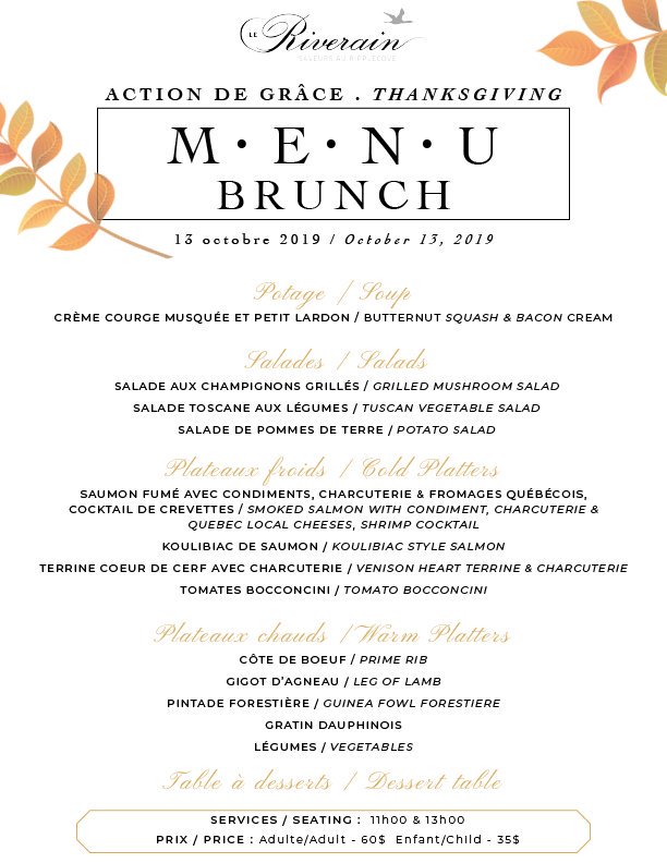 Venez partager un repas gourmand en famille ou entre amis lors de notre populaire brunch de l'Action de Grâce. Découvrez le menu ici.
//
Come share a gourmet meal with family or friends during our popular Thanksgiving brunch. Discover our menu here.