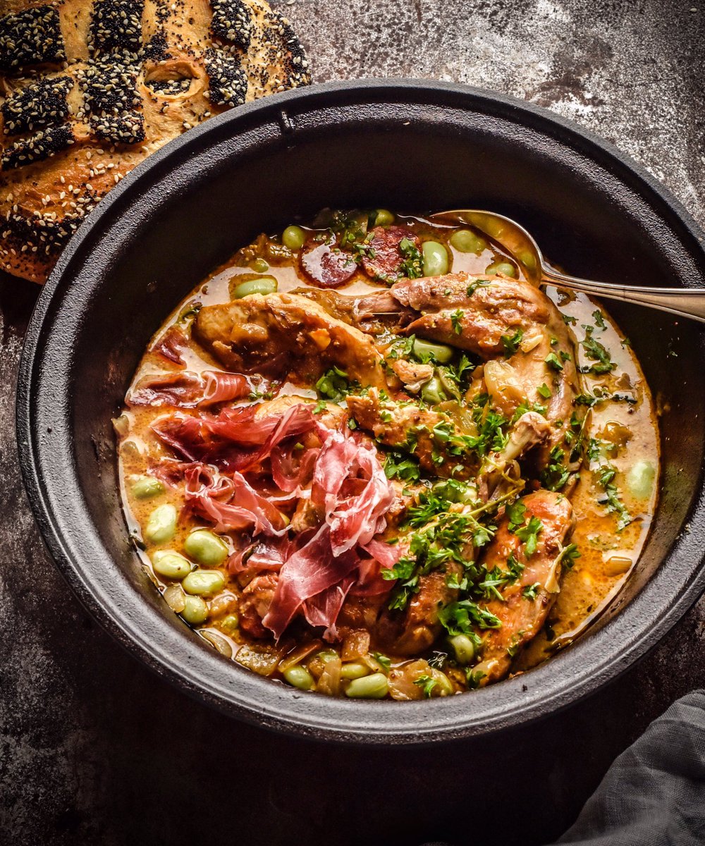Midweek supper befitting tonight’s weather and current affairs. Guinea fowl, Andouille sausage with mustard, thyme and crème fraîche. Serrano ham, shallots and broad beans from a bit of a fridge and freezer forage. Big bread. #Midweek #Therapy #Supper