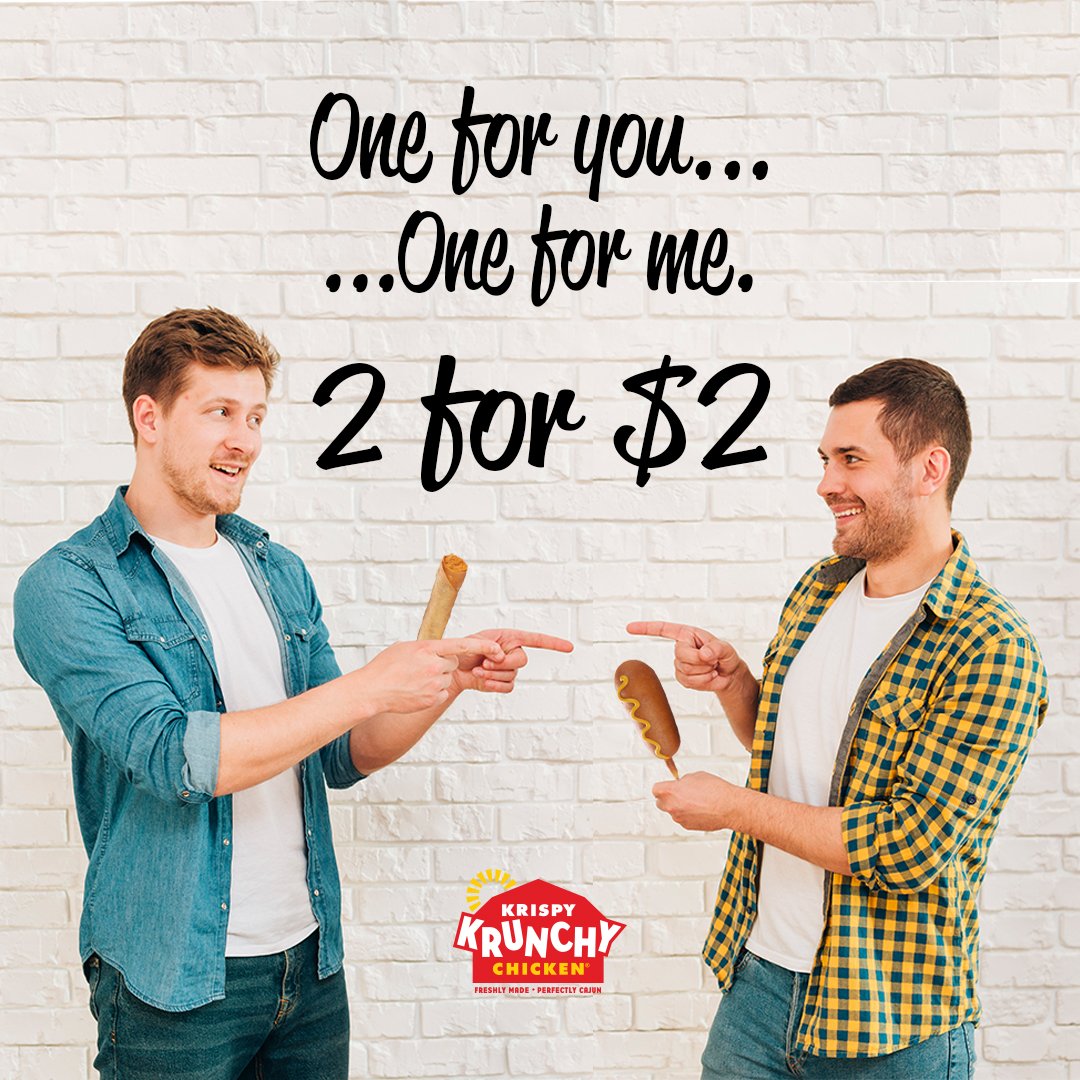 krispykrunchy's tweet photo. Sharing is caring! Buy your friend lunch, a snack or dinner when the deal is this good! Hurry, itʼs for a limited time only... #sharingiscaring #foodfortwo #crispito #corndog #krispykrunchychicken https://t.co/MdPo2Vhz1G