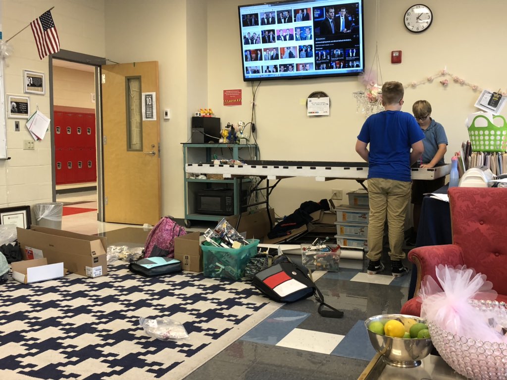 TheEruditePlat1's tweet photo. The mess is real. Red Bank Middle’s Knights of the Legi Table team are in the midst of constructing the @Firstlegoleague City Shaper Challenge. https://t.co/oB8DioiCNo