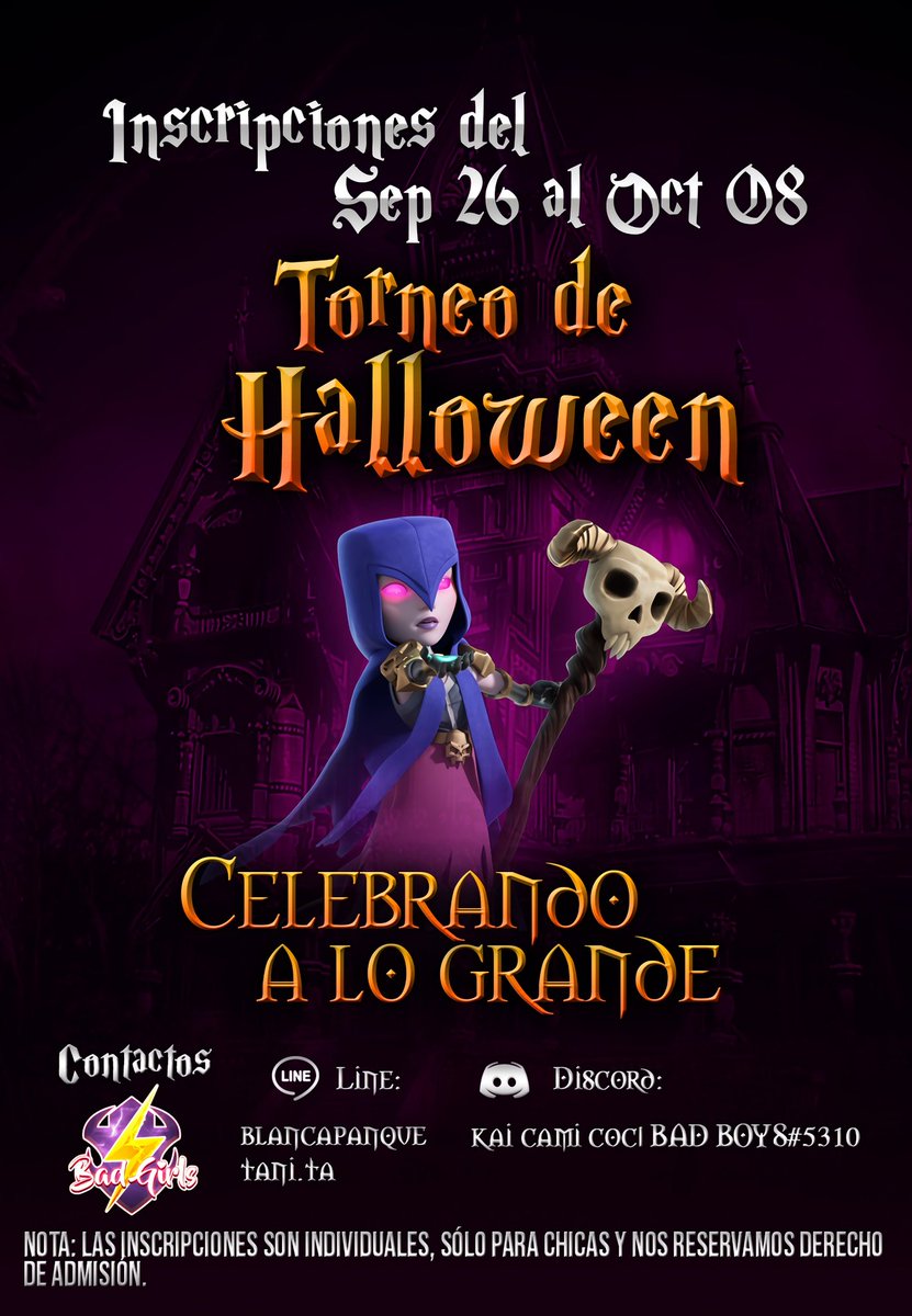 Eres una chica guerrera y te gusta Coc? Te invitamos a participar de nuestro escalofriante y divertidisimo torneo de haloween‼️🎃👻🧛🏻‍♀️ (necesitas line o discord para contactarnos)