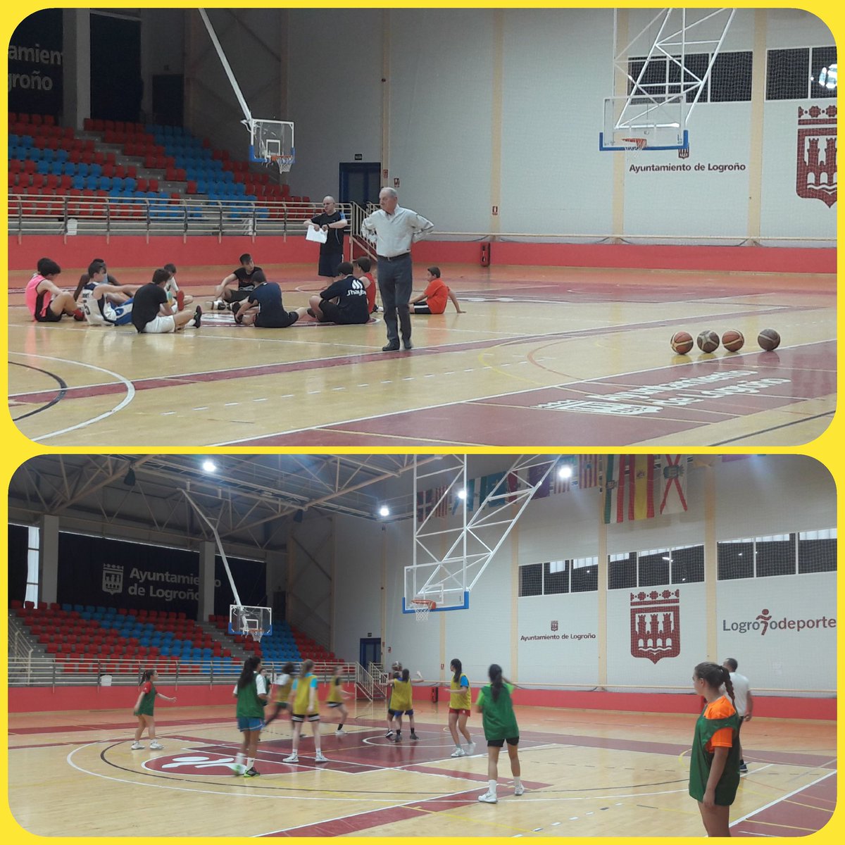 BabyBasketRioja's tweet photo. Será San Mateo, habrá gente por las calles disfrutando de los distintos actos del programa de #Fiestas #SanMateo2019 del @AytoLogrono pero nuestros equipos júniors siguen entrenando en Lobete. Hay tiempo para todo. 💛🏀💚 https://t.co/8v0ix9Bt2R
