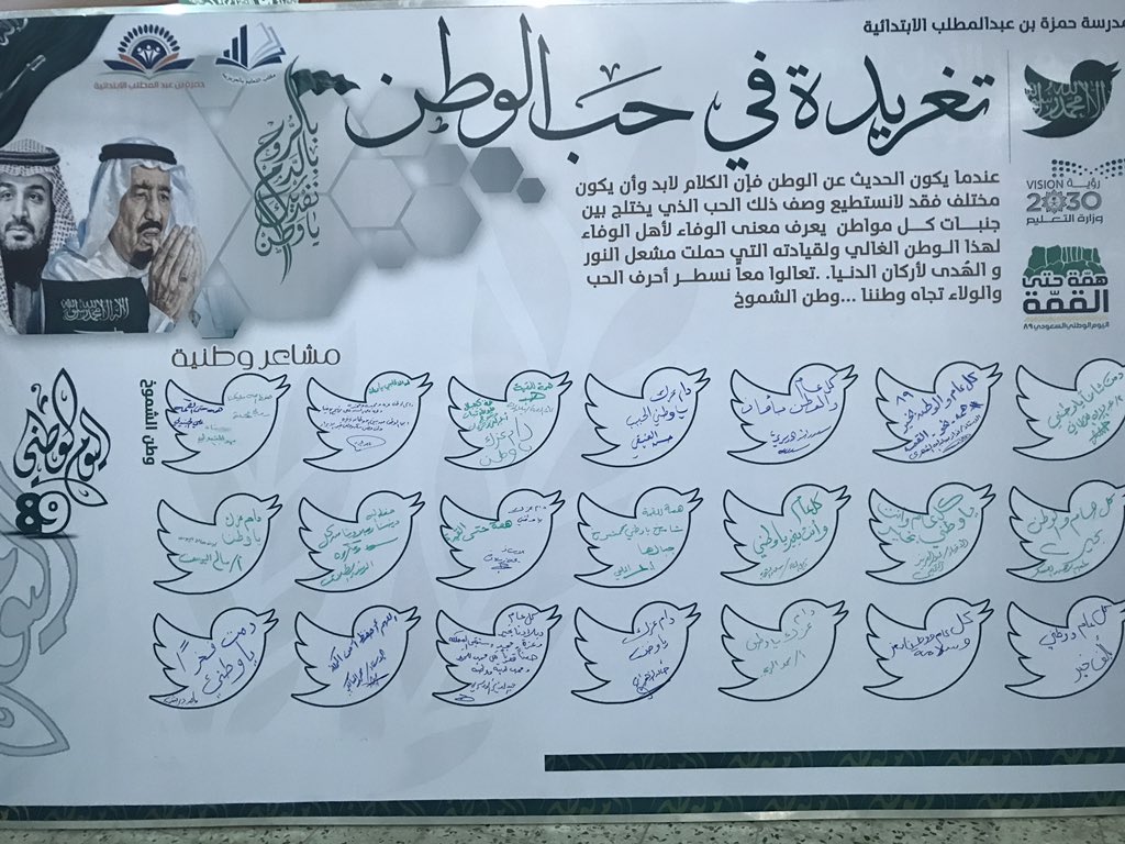 hmzah_school's tweet photo. برنامج "تغريدات في ��ب الوطن" 
ضمن فعاليات الاحتفاء باليوم الوطني ٨٩ يهدف إلى اتاحة الفرصة لجميع منسوبي المدرسة التعبير عن مشاعرهم اتجاه هذا الوطن الغالي على قلوبنا جميعا .
#همة_حتى_القمه 
#همة_التعليم_قمة_الوطن 
#اليوم_الوطني89 
#نشاط_العزيزية 
#مكتب_تعليم_العريزية https://t.co/L6ZKpB0217