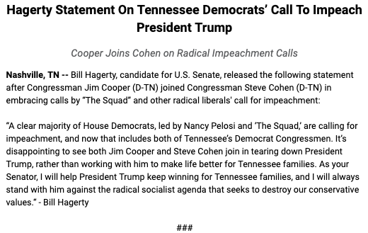 BillHagertyTN's tweet image. Read my statement on Tennessee Democrats’ Call To Impeach President @realDonaldTrump →