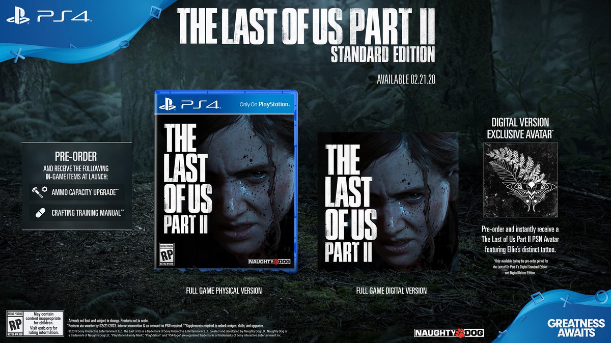 GermanStrands's tweet photo. Here we go... ๐๐
For all 'The Last of Us 2 Fans'
๐จStandard Edition
๐จSpecial Edition
๐จCollectors Edition
๐จEllie Edition.
The game will also shipped on TWO Discs...๐คฏ 02/21/2020!
#TheLastofUsPart2 #TLOU2 #Sony #PlayStation #StateofPlay https://t.co/9tUTg3YCvc