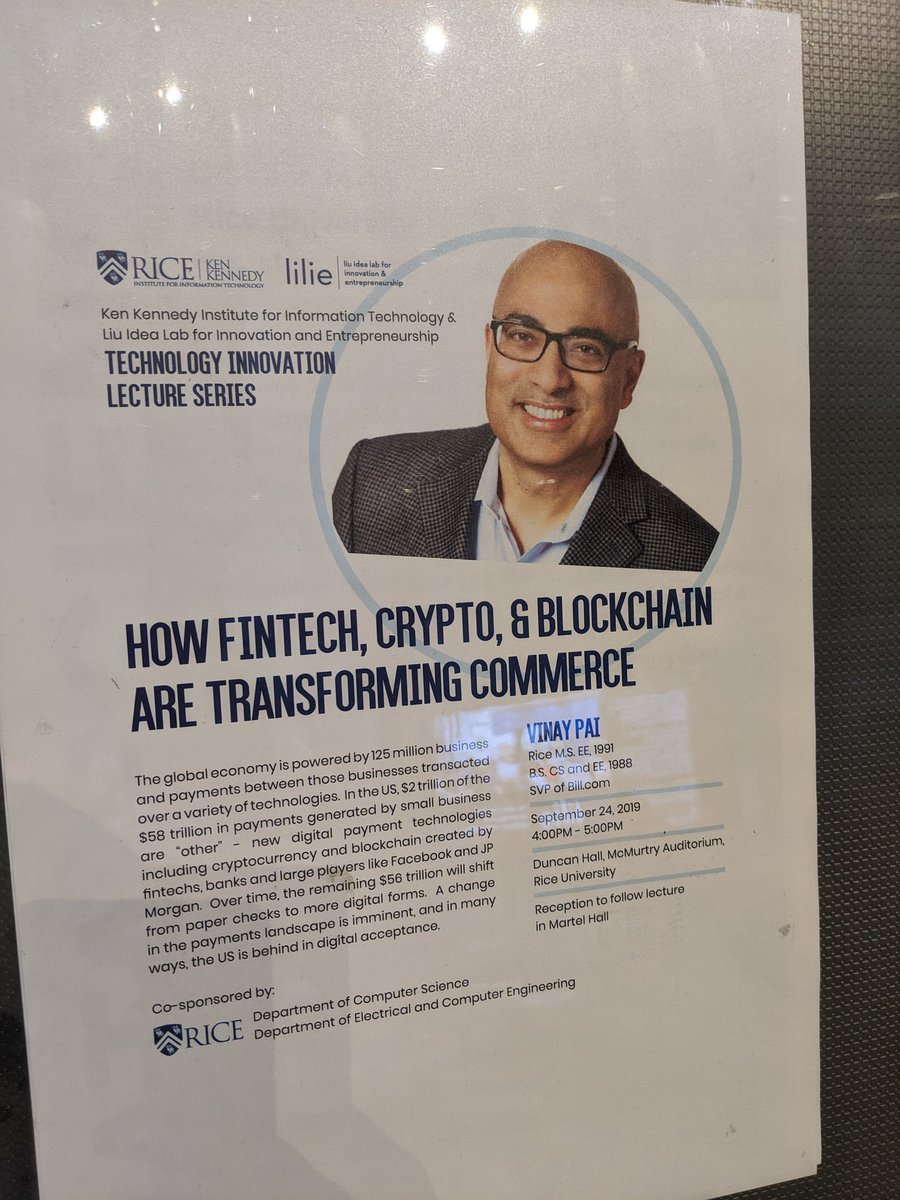 Excited to hear <a href="/vinayspai/">Vinay Pai</a> future of payments talk at <a href="/RiceUniversity/">Rice University</a> #duncanhall #cryptocurrency #blockchain