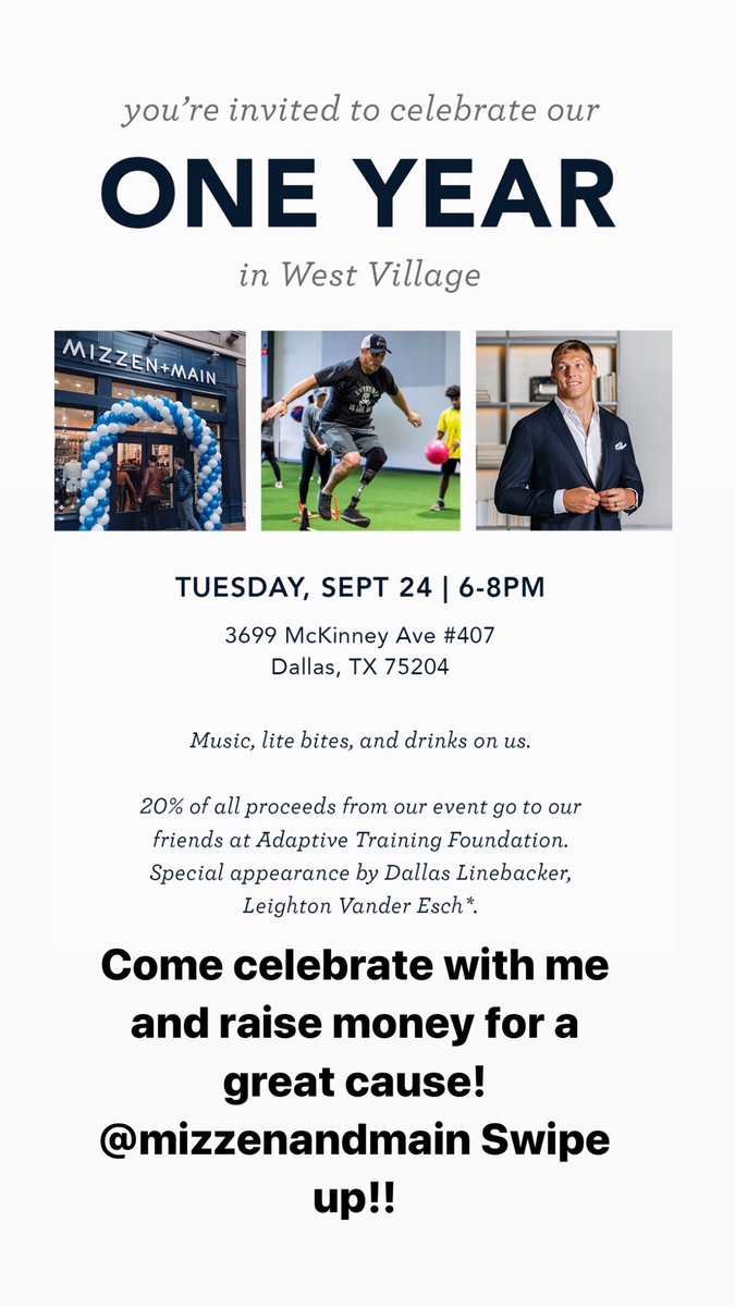 Join me @mizzenandmain from 6-8 p.m. to celebrate the one-year anniversary of their store in the West Village as well as the launch of their new blazer. 20% of all sales will be donated to @ATF_tribe, a great local org supported by the team at Mizzen+Main!