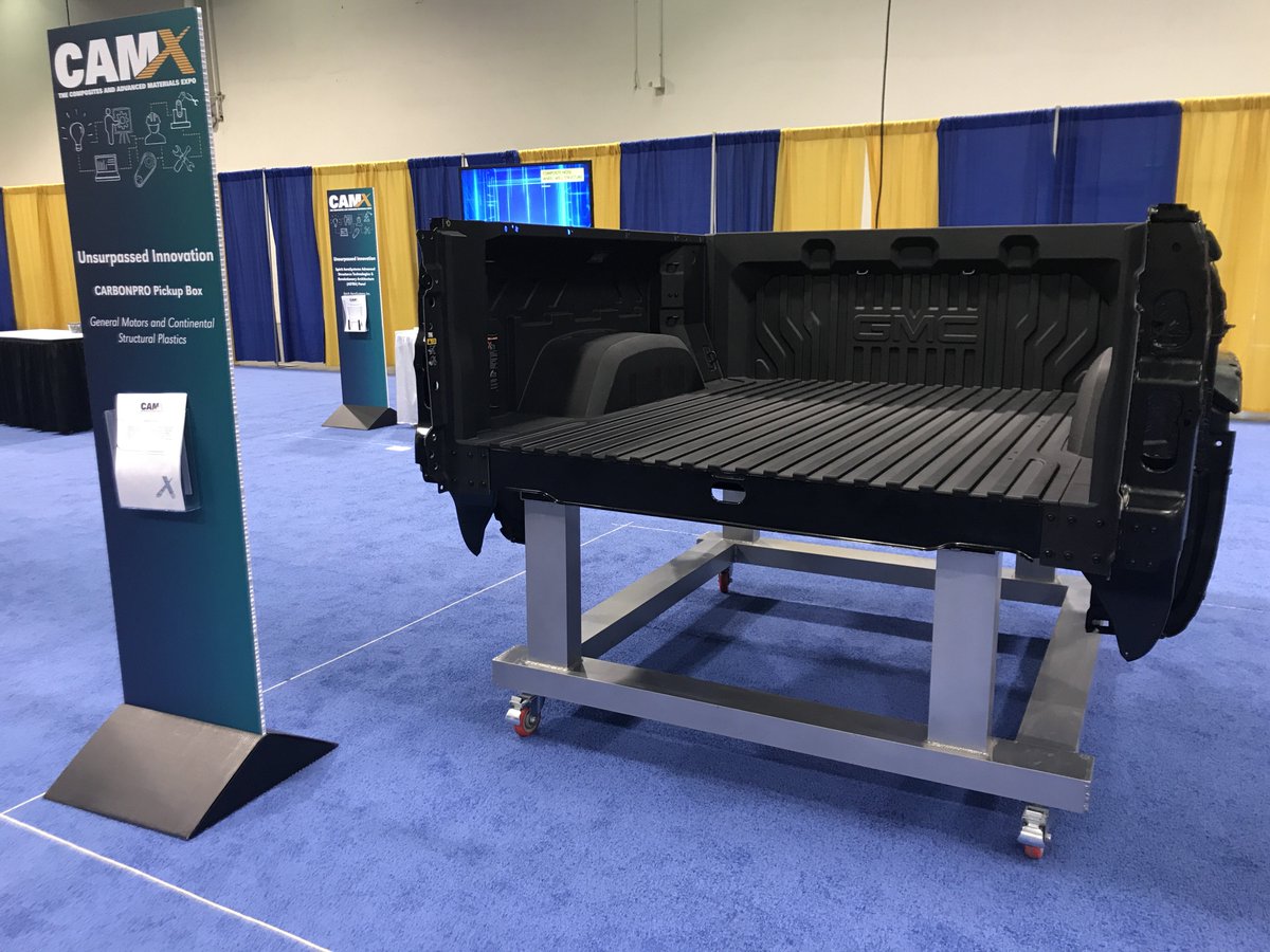 CompositesWrld's tweet photo. One of the largest items on display at the show is the Carbonpro pickup box from General Motors and Continental Structural Plastics, winner of the #CAM19 award for Unsurpassed Innovation. See more at the CAMX Awards area of Hall D. https://t.co/Kjg6Pt0dE3