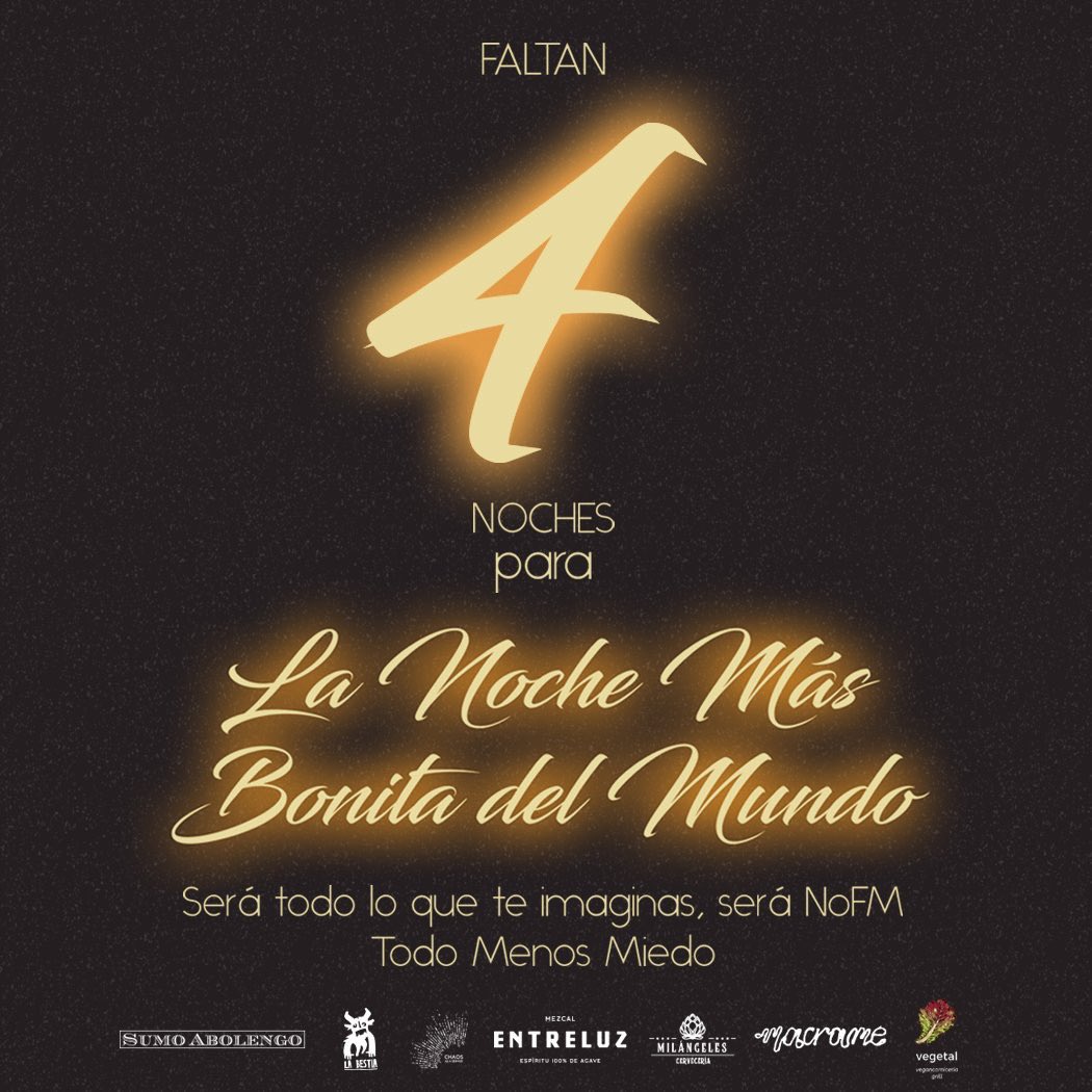 Solo faltan 4 noches para encender a la CDMX. Escribe a lanochemasbonitqdelmundo@gmail.com y pide tu entrada. #SieteAñosPerros #porNoFM