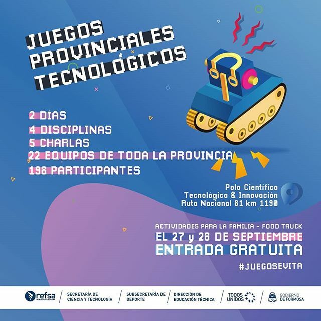 SecCyTFsa's tweet photo. Formosa se prepara para los primeros Juegos Tecnológicos Provinciales . ✔️Participarán 22 equipos de todos los colegios técnicos de la provincia.
✔️Cuatro disciplinas.
✔️Un total de 198 competidores.
. 🗓️📍27 y 28 de septiembre en el marco de los Jueg… https://t.co/5ZEPHSWCIb https://t.co/zs8GMwXIBU