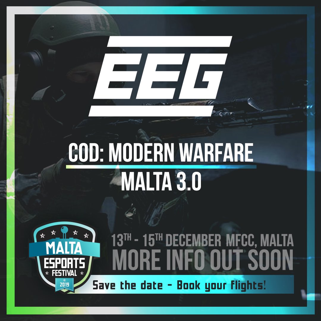 EEGOnline's tweet photo. #CallofDuty 

EEG Malta 3.0 🇲🇹 in MFCC Ta Qali at 13-15 December. Book your flights now! 

More info coming out soon in October.

#SavetheDate https://t.co/f3yPLMEFRe