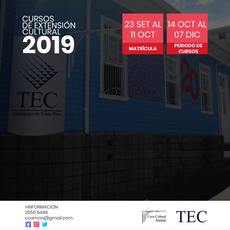 IV Periodo de Cursos - 2019

🗓 Matrícula: del 23 de setiembre al 12 de octubre
🗓 Periodo de clases: del 14 de octubre al 07 de diciembre

Lista de cursos en: tec.ac.cr/ubicaciones/ca… 

Más info:
📞 2550 9449
💻 ccamon@gmail.com
📱 FB, Instagram o Twitter

#CCAmón #TECcr <a href="/Teccr/">TEC Costa Rica</a>