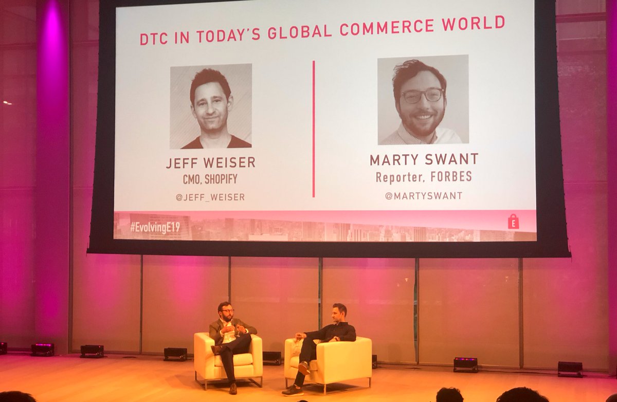 meaghanbrophy's tweet photo. “We don’t think of @Shopify as getting into CBD, we think of CBD as getting into retail.” - @Jeff_Weiser to @martyswant #EvolvingE19 #retail #ecommerce https://t.co/y85xtyZypC