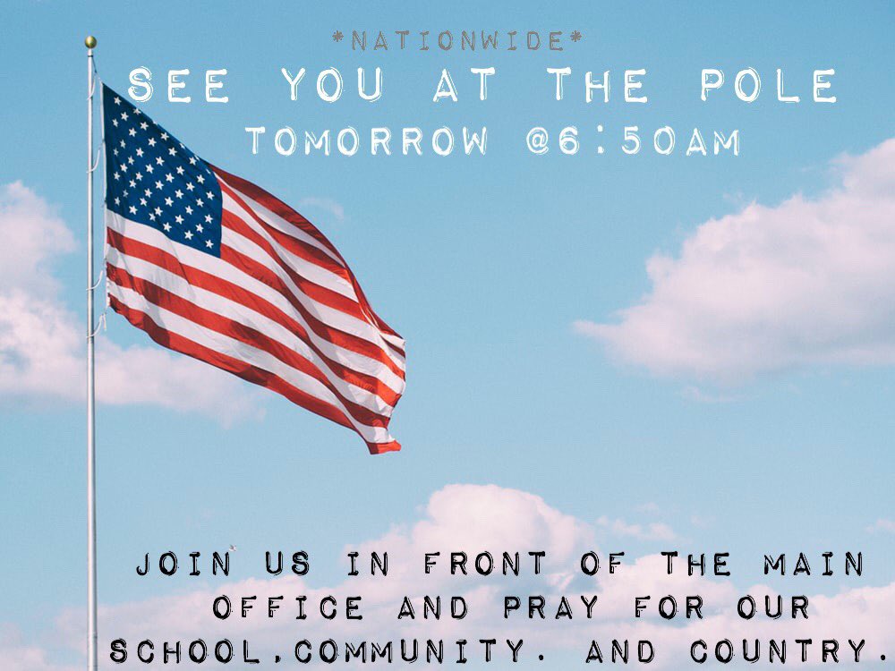 reach_troyhigh's tweet photo. Hey THS! Reach is back for the school year &amp; we’re kickin’ it off with SYATP‼️ Tomorrow, thousands of students across the nation will be gathering around their flag poles to pray for their country &amp; school🤩 Can’t wait to see you all @ 6:50 am! There will be bagels(; https://t.co/P74GSk2Evo