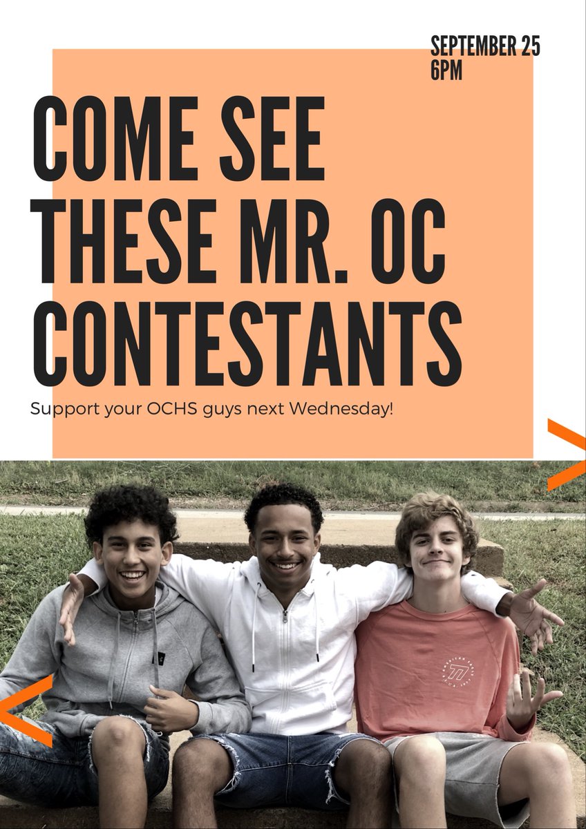 OCHSVADECA's tweet photo. Orange County High, tomorrow at 6PM at the OCHS auditorium DECA will be hosting Mr. OC! Come out and cheer on these guys! Who will be the 2019 Mr. OC? https://t.co/JnGAIy1BB7