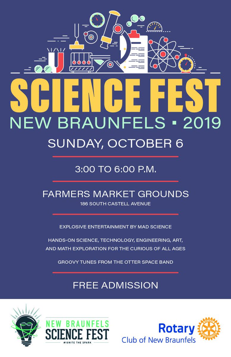 RotaryNBTX's tweet image. Great Scott! The New Braunfels #Science Fest co-sponsored by #NBTX #Rotary Club is Oct 6. Come back to the future with #STEM demonstrations and hands-on exploration. Free admission. @NBScienceEd