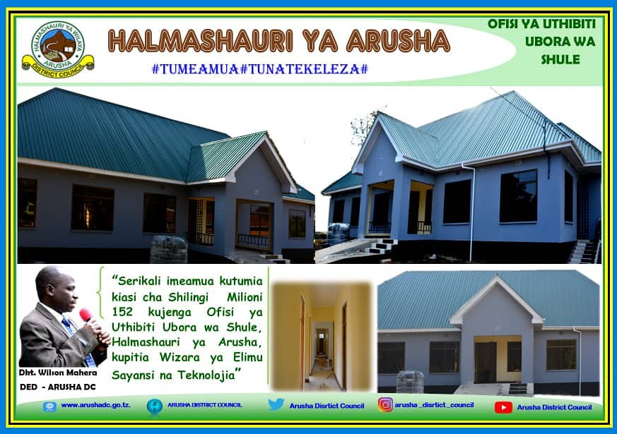 ArushaDistrict's tweet photo. "Serikali kupitia Wizara ya Elimu Sayansi na Teknolojia, imetumia kiasi cha shilingi milioni 150 kujenga Ofisi ya Uthibiti Ubora Shuleni, halmashauri ya Arusha, kwa lengo la kuendelea kuboresha miundombinu ya elimu, kuimarisha kiwango cha taaluma kwa wanafunzi".#TUNATEKELEZA https://t.co/oGqxZY6H3K