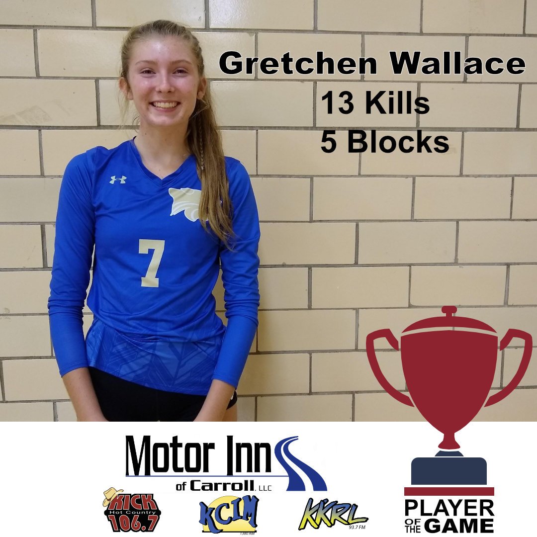 Gretchen Wallace of Glidden Ralston was named Motor Inn Player of the Game Vs Paton Churdan on Tuesday, September 24th. The Wildcats improved to 5-0 in Rolling Valley Conference with a 3-0 win. Look for a recap/scores/stats late Tuesday at 1380kcim.com.
<a href="/GliddenRalston/">Glidden-Ralston</a>