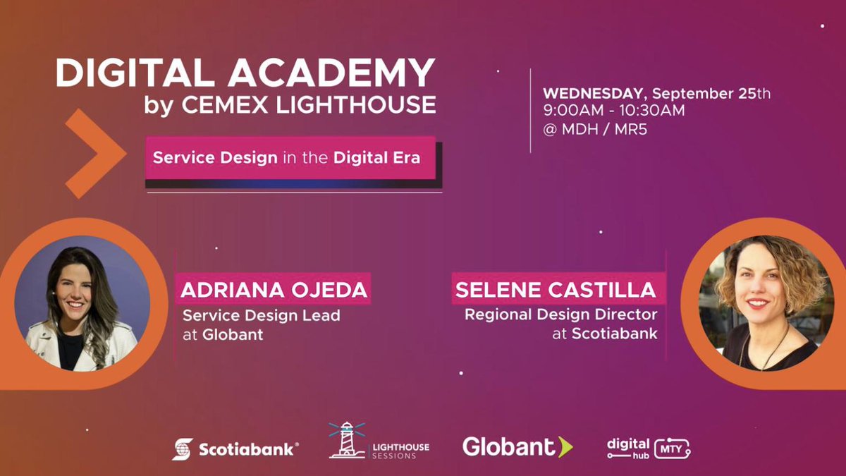 ¡Escucha cómo es el #DiseñodeServicios en la Era Digital en la Lighthouse Session de 
<a href="/CEMEX/">Cemex Global</a>
, de la mano de Adriana Ojeda y Selene Castilla! 💻
Los invitamos al "Lighthouse Session", este  Miércoles a las 9am 🚀 
Liga de registro 👉🏻lnkd.in/diCMiUz 
#servicedesign