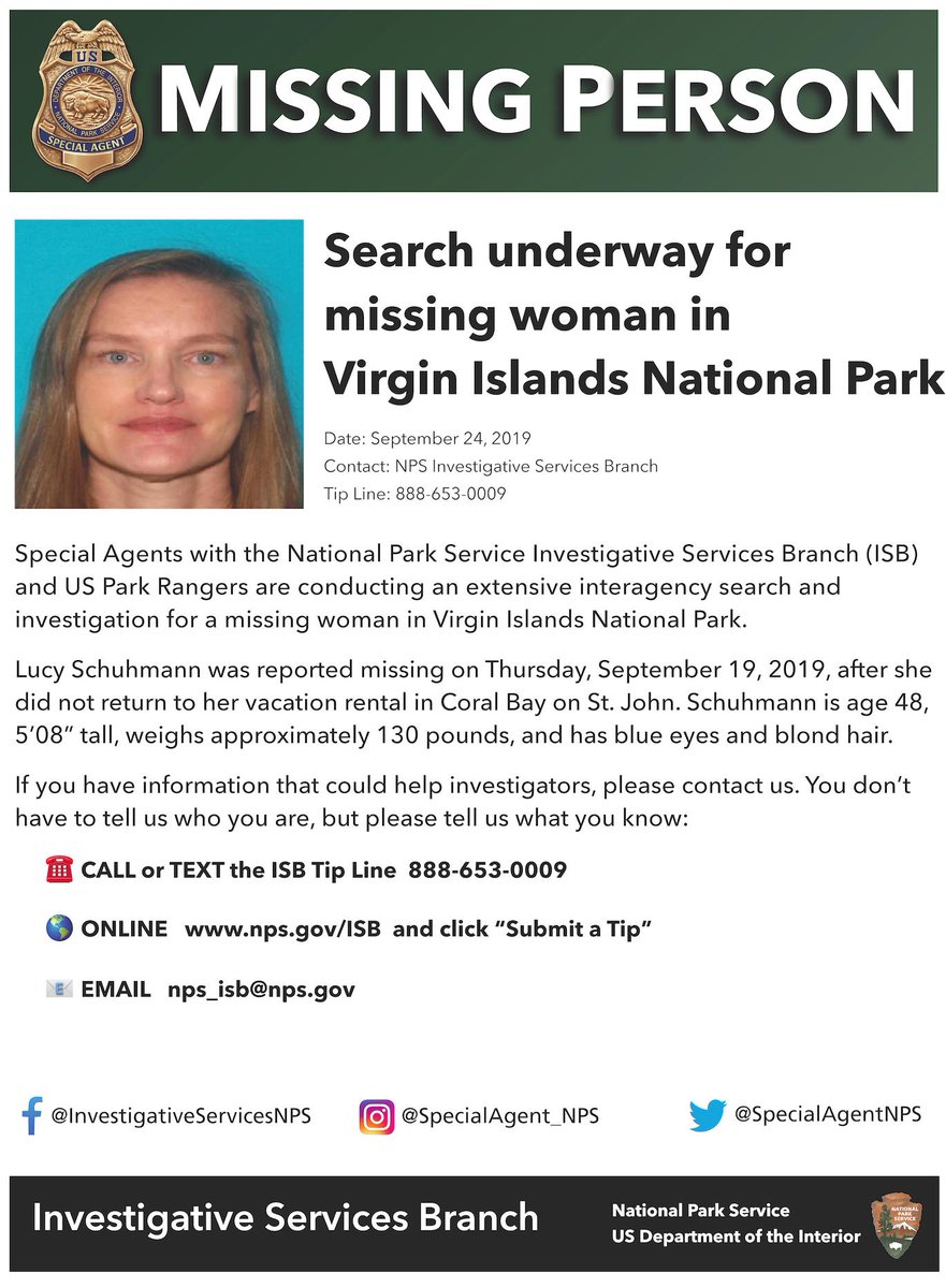 NPS image of a missing person flyer for Lucy Schuhmann