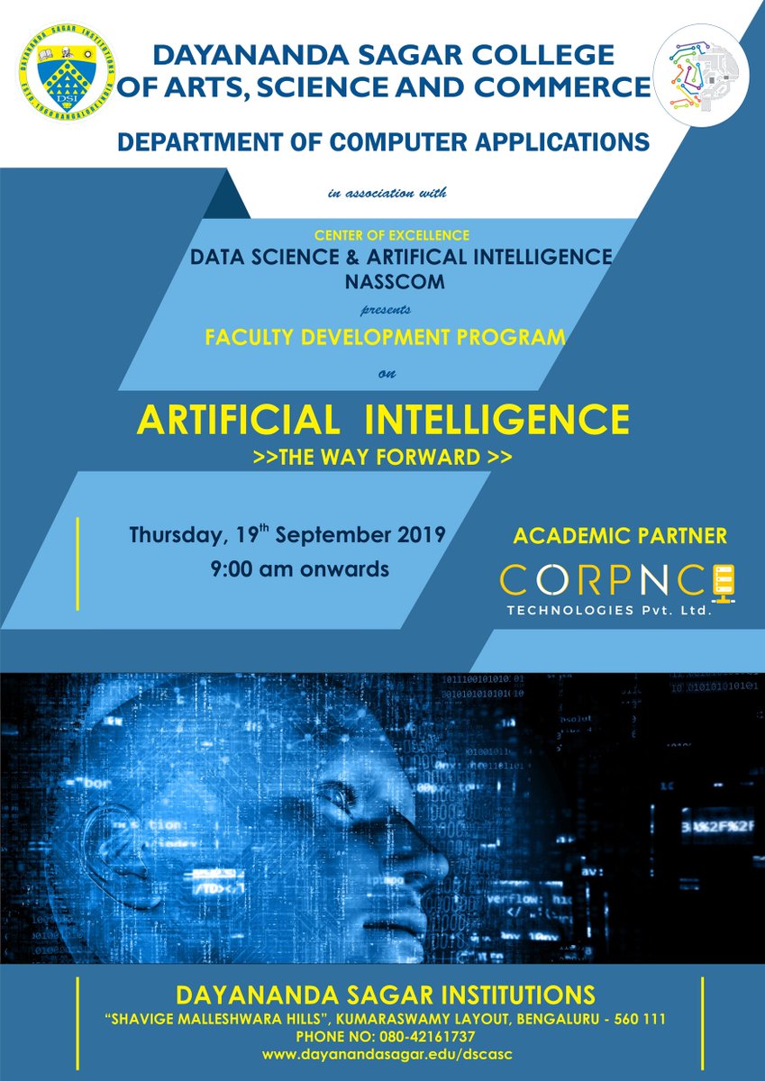 corpnce's tweet photo. #Ai &amp; way forward - faculty development programme at Dayanand Sagar University held on 19th Sep,2019. It was a great experience interacting with teachers with child like enthusiasm. #AI #Corpnce #machinelearning #DataScience @DayanandaSagarInstitutions https://t.co/FKFqQju1i1