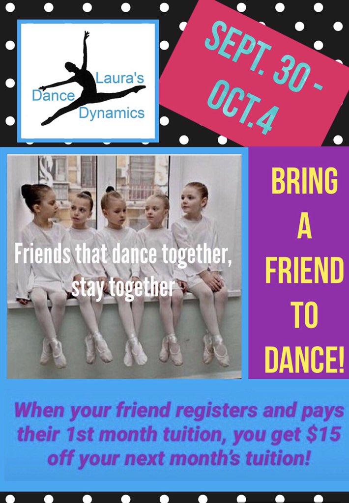DanceAtLDD's tweet photo. Bring A Friend Week is next week! Bring your best friends to your classes and receive a credit when they register! 👯‍♀️💃🏼 https://t.co/IJSxfd0dQq