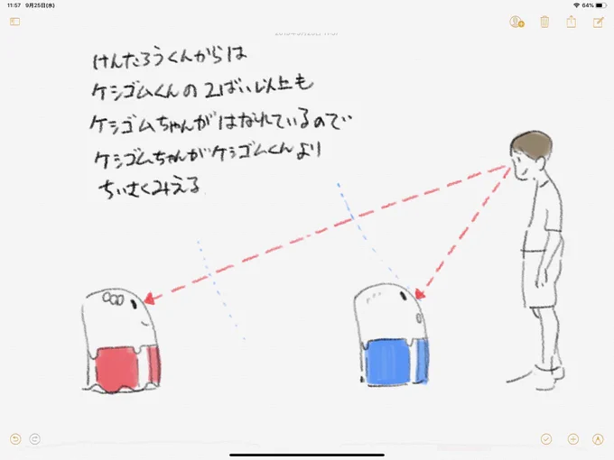 【超初級スケッチ講座】《手前が大きく奥が小さく》人は、自分の目に近いものが大きく見えて遠いものが小さく見える。片目をつぶってiPhoneの画面を見てください。iPhoneを傾けて、ゆっくりと画面を空に向けると、自分より遠い方の画面が手前の画面よりも小さく見えます。#下田スケッチ会 