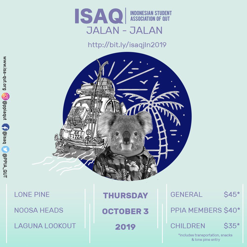 Hi everyone, this mid-semester break on Thursday, 3rd October 2019 we will host ISAQ JALAN-JALAN with our destinations to Lone Pine Sanctuary, Noosa Heads and Laguna Lookout. 
.
Click the link and fill the form to book your seat 👉🏻 bit.ly/isaqjln2019