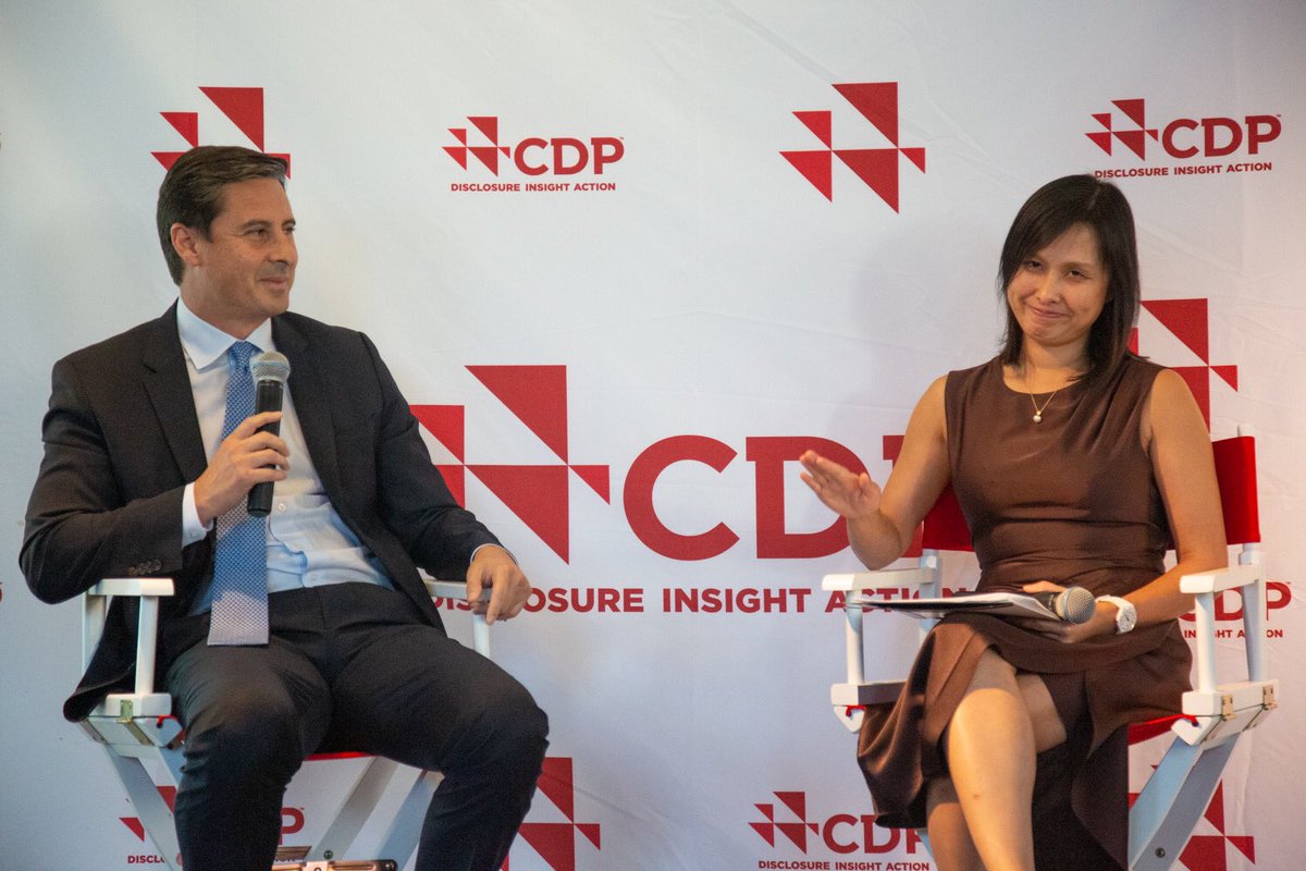 Speaking with CDP’s Sara Law,  @NRGMauricio announced that NRG aligned its carbon emissions reduction goal to the 1.5 degree C trajectory. 
“We recognize that we as a power company are a big part of the problem. But we’re also part of the solution.”