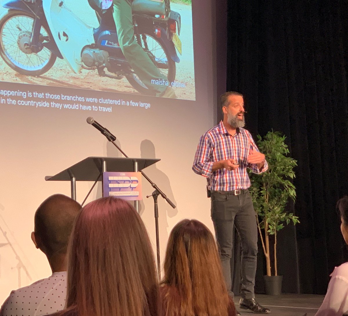 Keynote speaker Gabriel White from <a href="/smallsurfaces/">Small Surfaces</a> on stage now at #IxDD Toronto, joining the conversation about the importance of trust and responsibility in design in both corporate settings, and in enacting positive social change around the world.