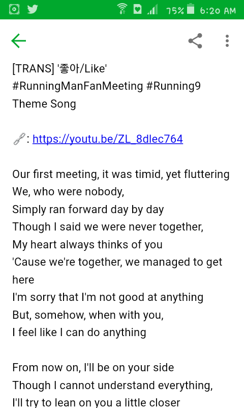 amSASIPA's tweet photo. [TRANS] '좋아/Like' #RunningManFanMeeting #Running9 Theme Song🎊

🔗: https://t.co/Fwl5stvu29

trans by @amSASIPA
PLEASE DO NOT EDIT OR TAKE OUT
Any errors, please let me know

#JeeSeokjin #YuJaeseok #KimJongkook #HaDonghoon #SongJihyo #LeeKwangsoo #YangSechan #RunningMan #런닝맨 https://t.co/YfXUV69KtM