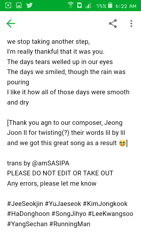 amSASIPA's tweet photo. [TRANS] '좋아/Like' #RunningManFanMeeting #Running9 Theme Song🎊

🔗: https://t.co/Fwl5stvu29

trans by @amSASIPA
PLEASE DO NOT EDIT OR TAKE OUT
Any errors, please let me know

#JeeSeokjin #YuJaeseok #KimJongkook #HaDonghoon #SongJihyo #LeeKwangsoo #YangSechan #RunningMan #런닝맨 https://t.co/YfXUV69KtM