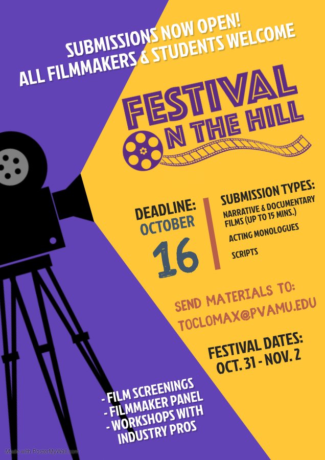 PVAMU_LCOM's tweet image. Attention filmmakers -- Festival on the Hill returns this semester! Don&apos;t miss it!