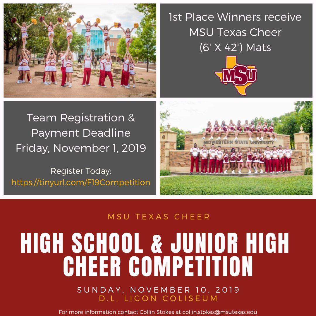 All High School and Junior High Cheerleading Programs are invited to compete at Midwestern State University on November 10th! Register your team today at tinyurl.com/F19Competition <a href="/MSUTexas/">Midwestern State University</a>