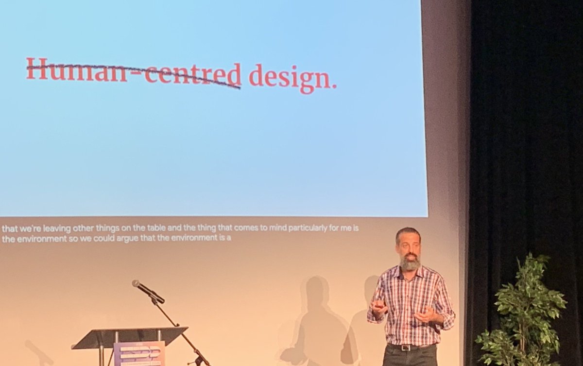 "The outcomes of the things we create matter tremendously" – Keynote speaker Gabriel White from <a href="/smallsurfaces/">Small Surfaces</a> taking the stage to kick things off for #IxDD in Toronto.