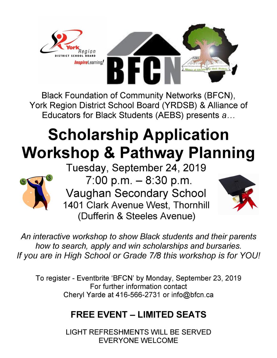 BFCN (@bfcn2011) on Twitter photo In collaboration with <a href="/YRDSB/">York Region DSB</a> and <a href="/AEBSyrdsb/">@AEBSyrdsb</a> we are presenting our Scholarship Application Workshop tonight at <a href="/vaughan_ss/">Vaughan SS</a>! 100+ people registered! 👏🏿 Learn more about our scholarship program here: bfcn.ca/scholarships and stay tuned for future editions. #KnowledgeIsPower ✊🏿 In collaboration with <a href="/YRDSB/">York Region DSB</a> and <a href="/AEBSyrdsb/">@AEBSyrdsb</a> we are presenting our Scholarship Application Workshop tonight at <a href="/vaughan_ss/">Vaughan SS</a>! 100+ people registered! 👏🏿 Learn more about our scholarship program here: bfcn.ca/scholarships and stay tuned for future editions. #KnowledgeIsPower ✊🏿
