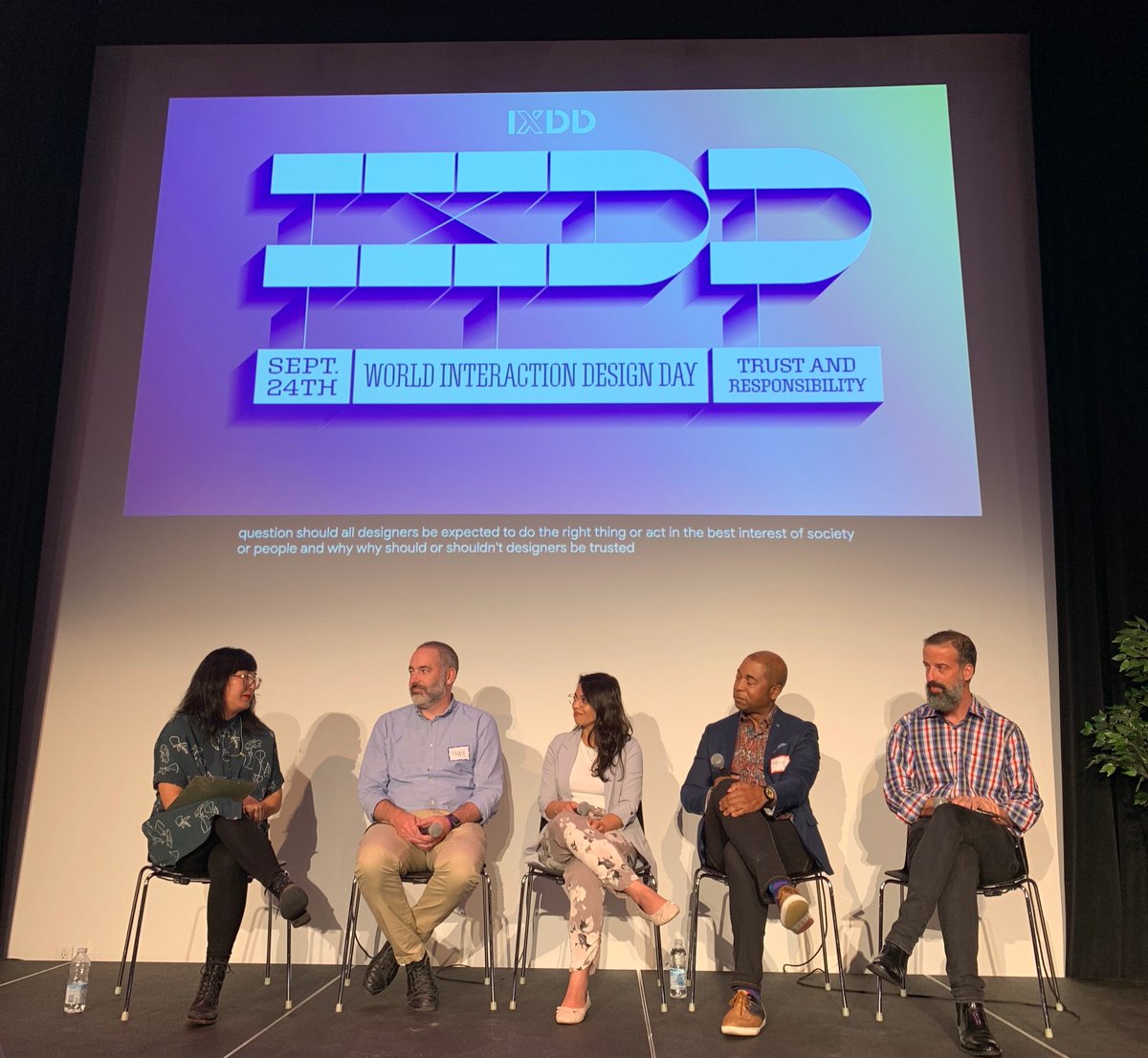 Kicking off part 2 of our #IxDD celebrations in #Toronto -- a panel conversation about the responsibility of designers to do good when it comes to trust and the security of the people who use the experiences we build. Many different backgrounds and perspectives on one stage.