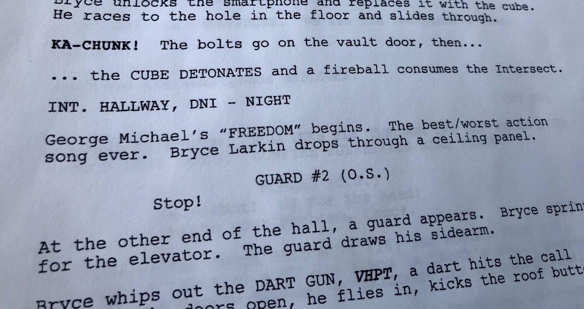 ToddsTVstuff's tweet image. Reading the #Chuck rough draft of the pilot.  I love that George Michael’s “Freedom” was written as the first song used when Bryce is introduced! Also love that Chuck is described as “Butch Cassidy of the geek world”. 
#Chuckiversary #PilotScript
